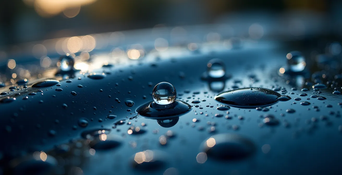 Détail macro de gouttelettes d'eau perlant sur surface céramique automobile